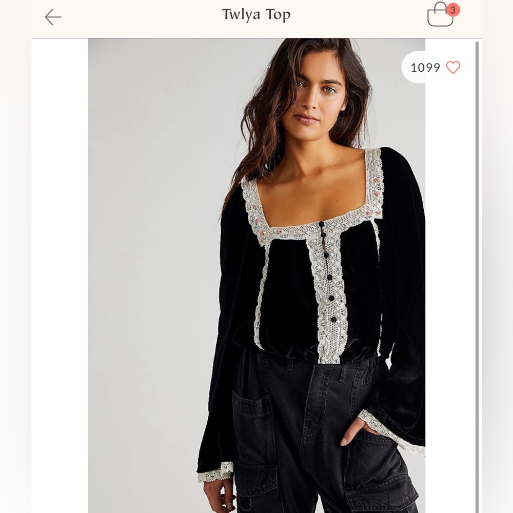 Free People; Twyla top XS. Black velvet, never worn.